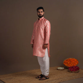 Pink Semi Silk Brocade Banarasi Men Kurta