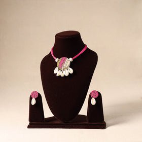 Pink - shell work fabart necklace set 32 - handcrafted