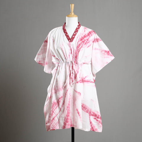 Pink - Shibori Tie-Dye Cotton Kaftan with Tie-Up Waist (Medium)