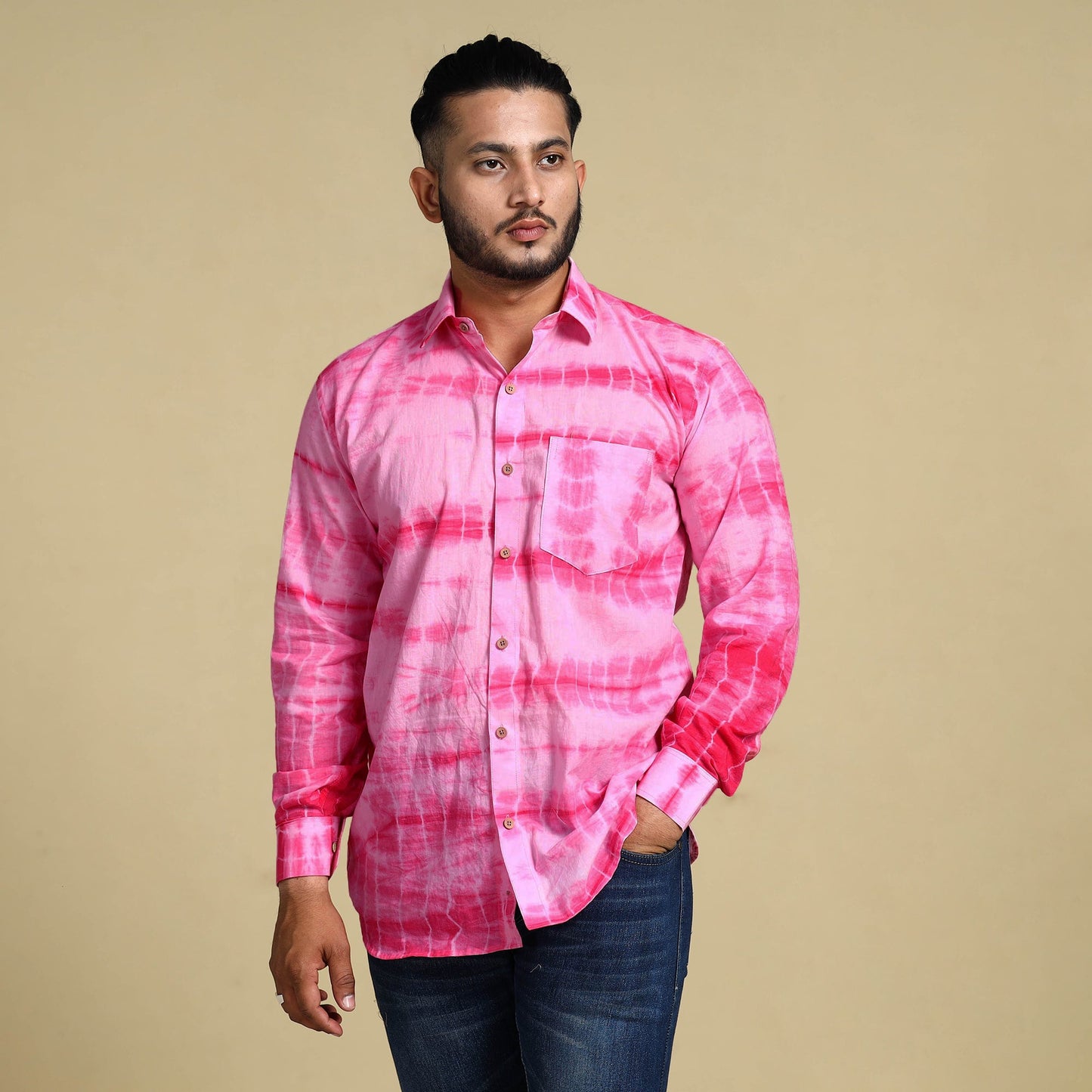 Pink - shibori tie-dye cotton men full sleeve shirt