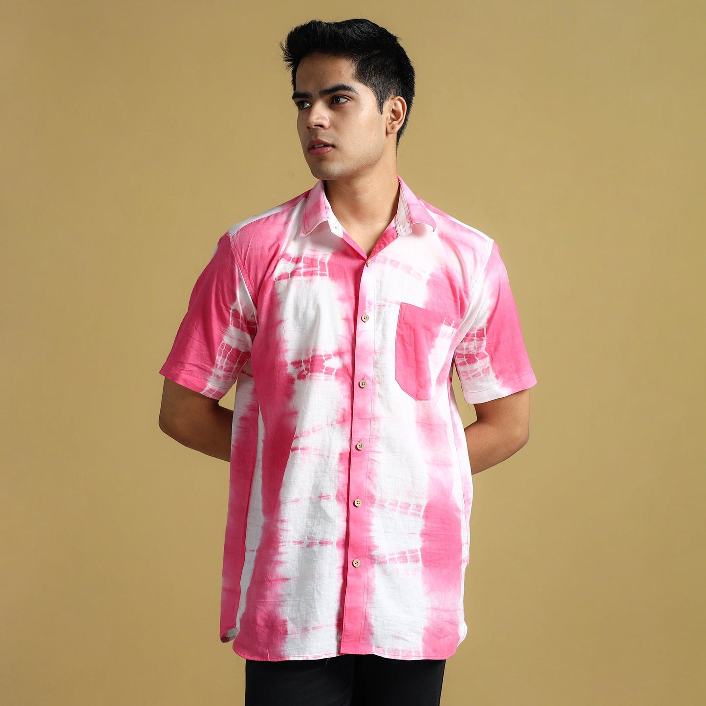 Pink - Shibori Tie-Dye Cotton Men Half Sleeve Shirt 11