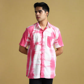 Pink - Shibori Tie-Dye Cotton Men Half Sleeve Shirt 11