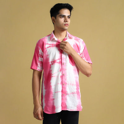 Pink - Shibori Tie-Dye Cotton Men Half Sleeve Shirt 11