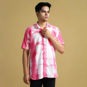 Pink - Shibori Tie-Dye Cotton Men Half Sleeve Shirt 11