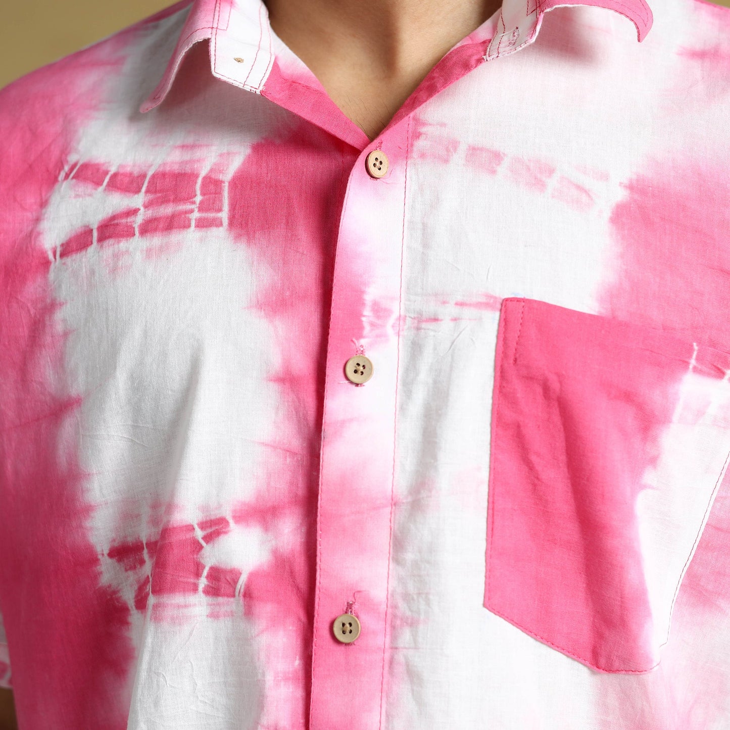 Pink - Shibori Tie-Dye Cotton Men Half Sleeve Shirt 11