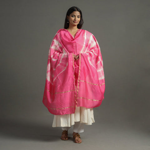  Shibori Tie-Dye Handloom Chanderi Silk Dupatta with Zari Border 50 
