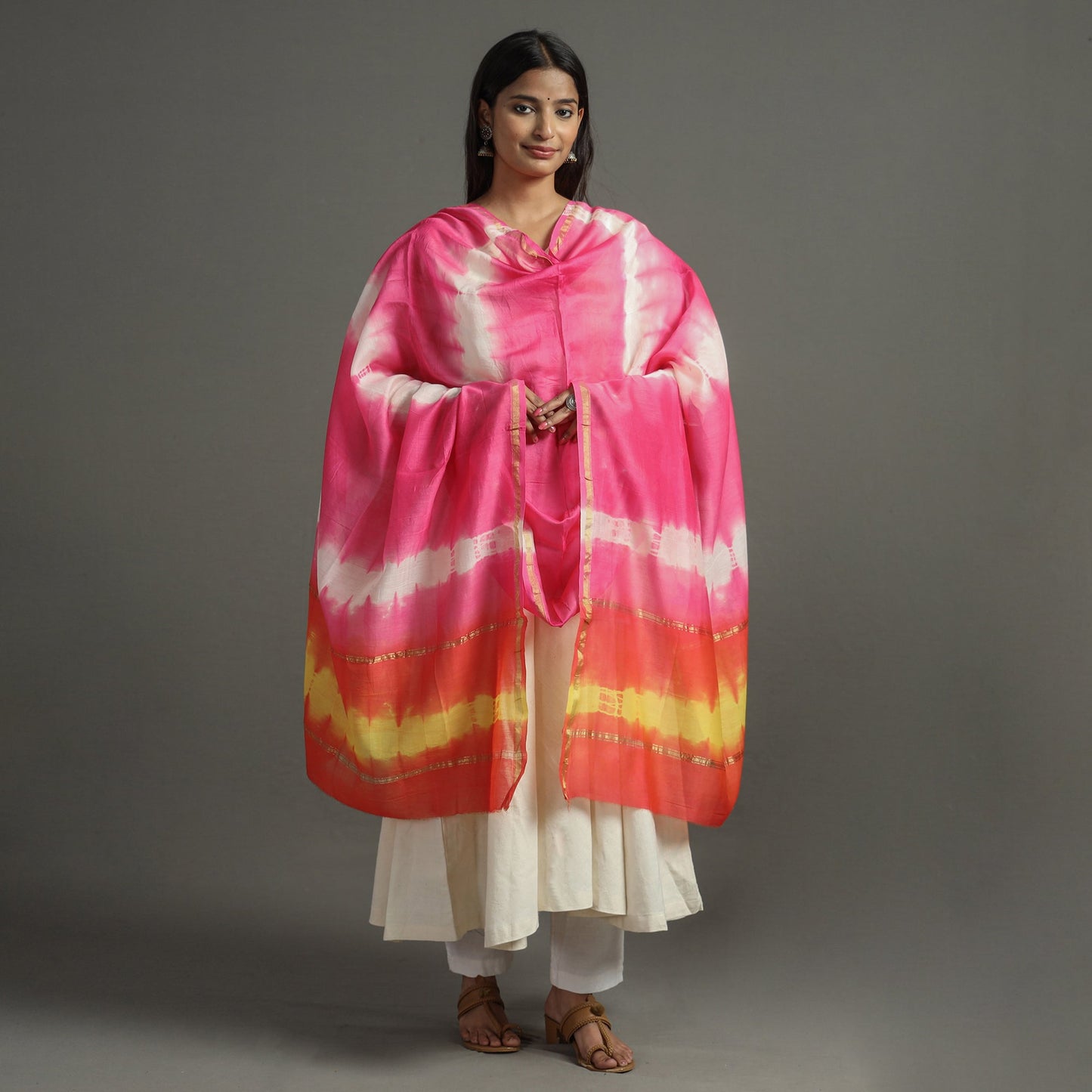 Buy Shibori Tie-Dye Handloom Chanderi Silk Dupatta with Zari Border 52 Online at iTokri.com
