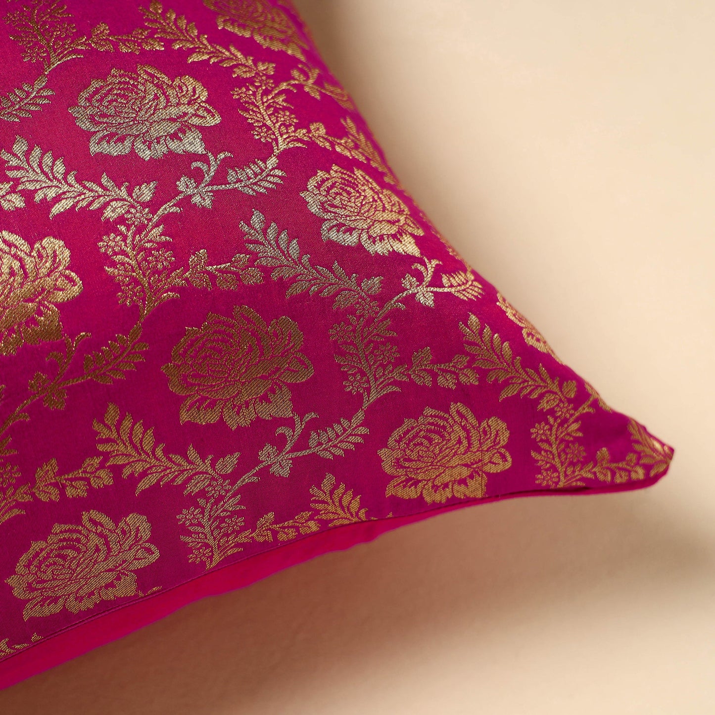  Pink Silk Banarasi Cushion Cover with Zari Work