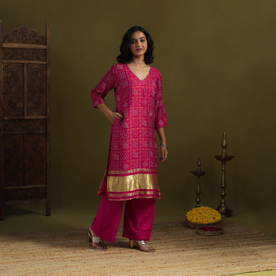 Pink - silk bandhani kurta set with lagdi patta (set of 2)