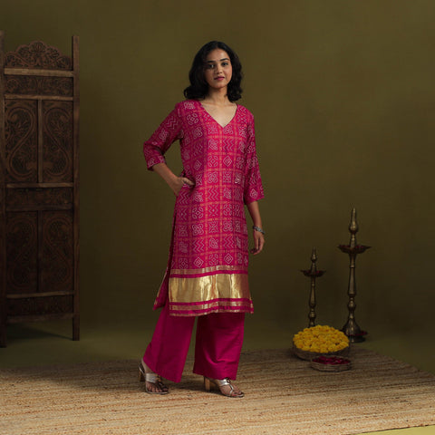 Pink - silk bandhani kurta set with lagdi patta (set of 2)