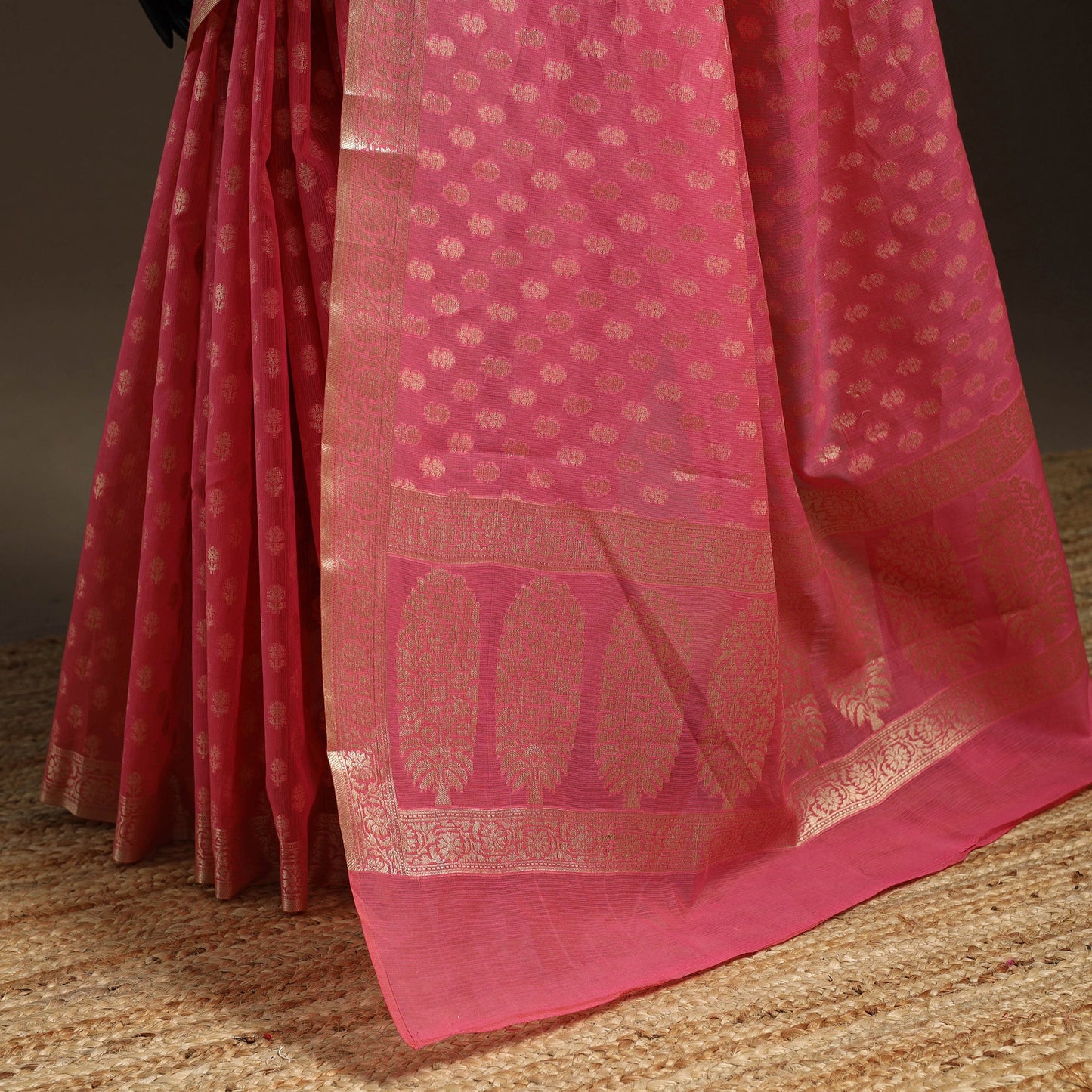 Pink - silk cotton cutwork buti banarasi saree 58