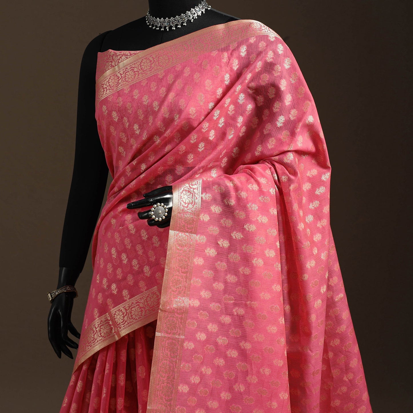 Pink - silk cotton cutwork buti banarasi saree 58