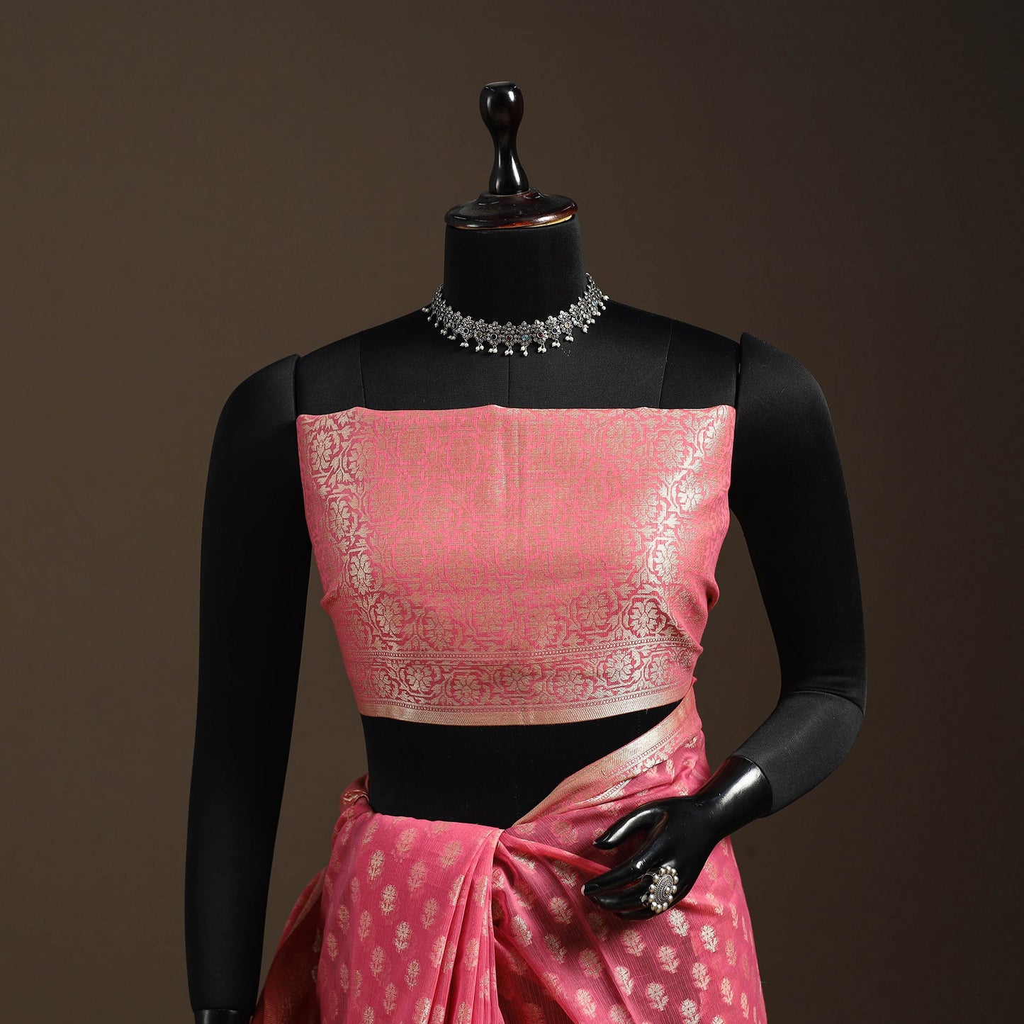 Pink - silk cotton cutwork buti banarasi saree 58