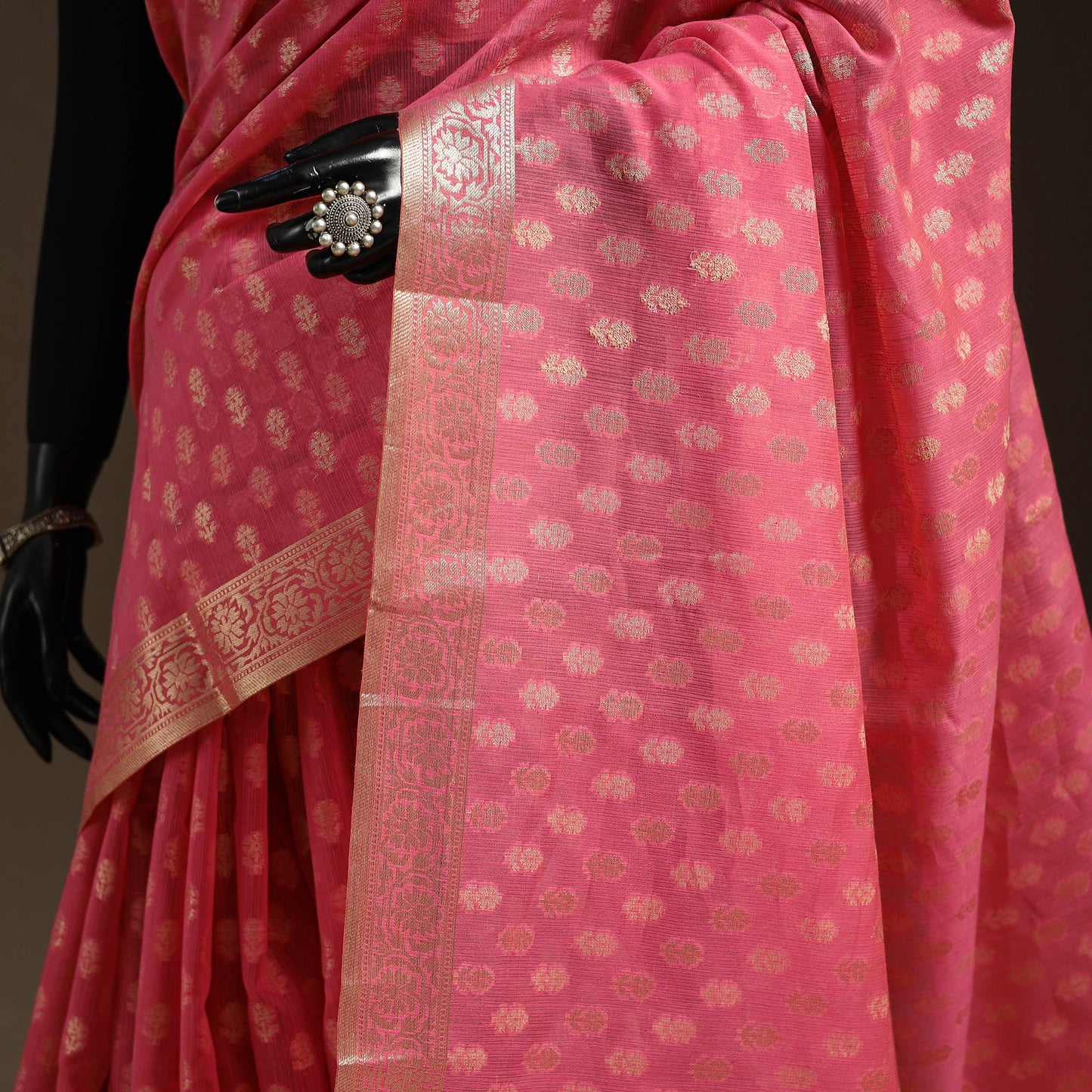 Pink - silk cotton cutwork buti banarasi saree 58