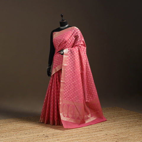 Pink - silk cotton cutwork buti banarasi saree 58