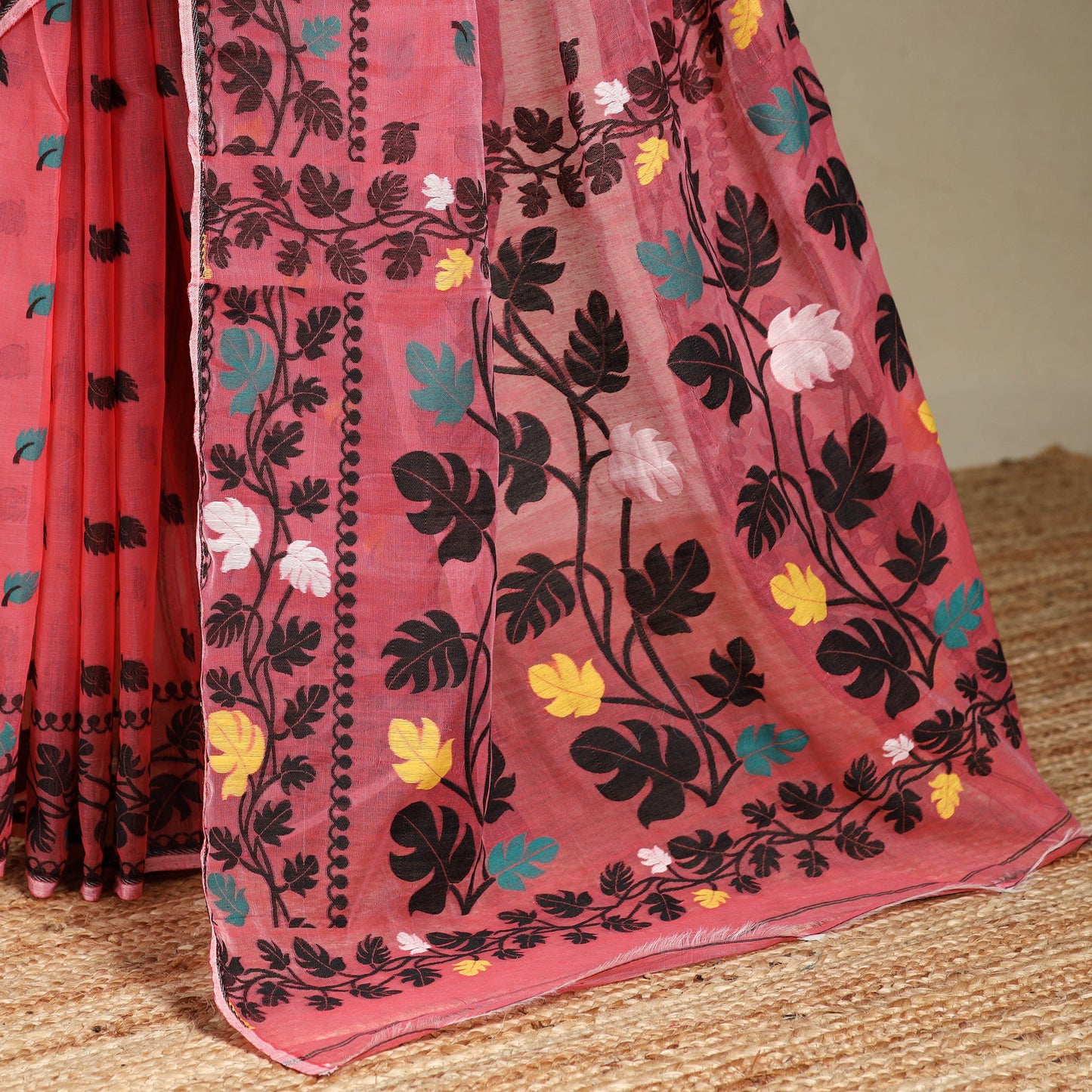 Pink - silk cotton dhakai jamdani saree 06 - handcrafted