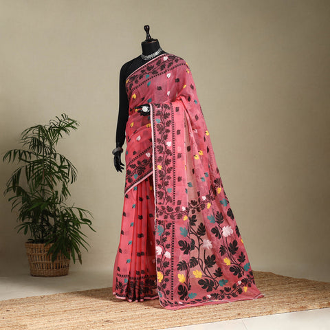Pink - silk cotton dhakai jamdani saree 06 - handcrafted