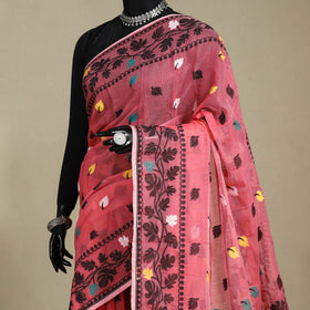 Pink - silk cotton dhakai jamdani saree 06 - handcrafted