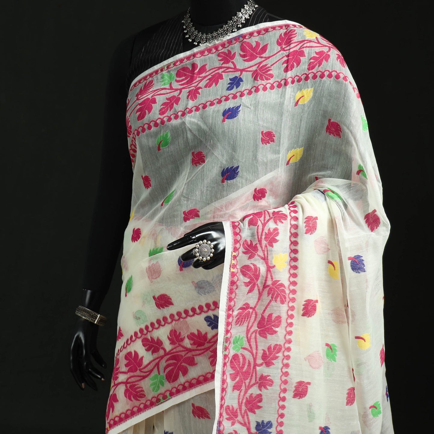 Silk cotton dhakai jamdani saree 15 - handcrafted