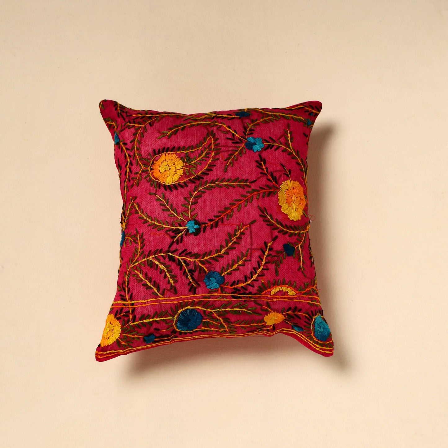 Buy Pink Silk Cotton Phulkari Embroidered Cushion Cover