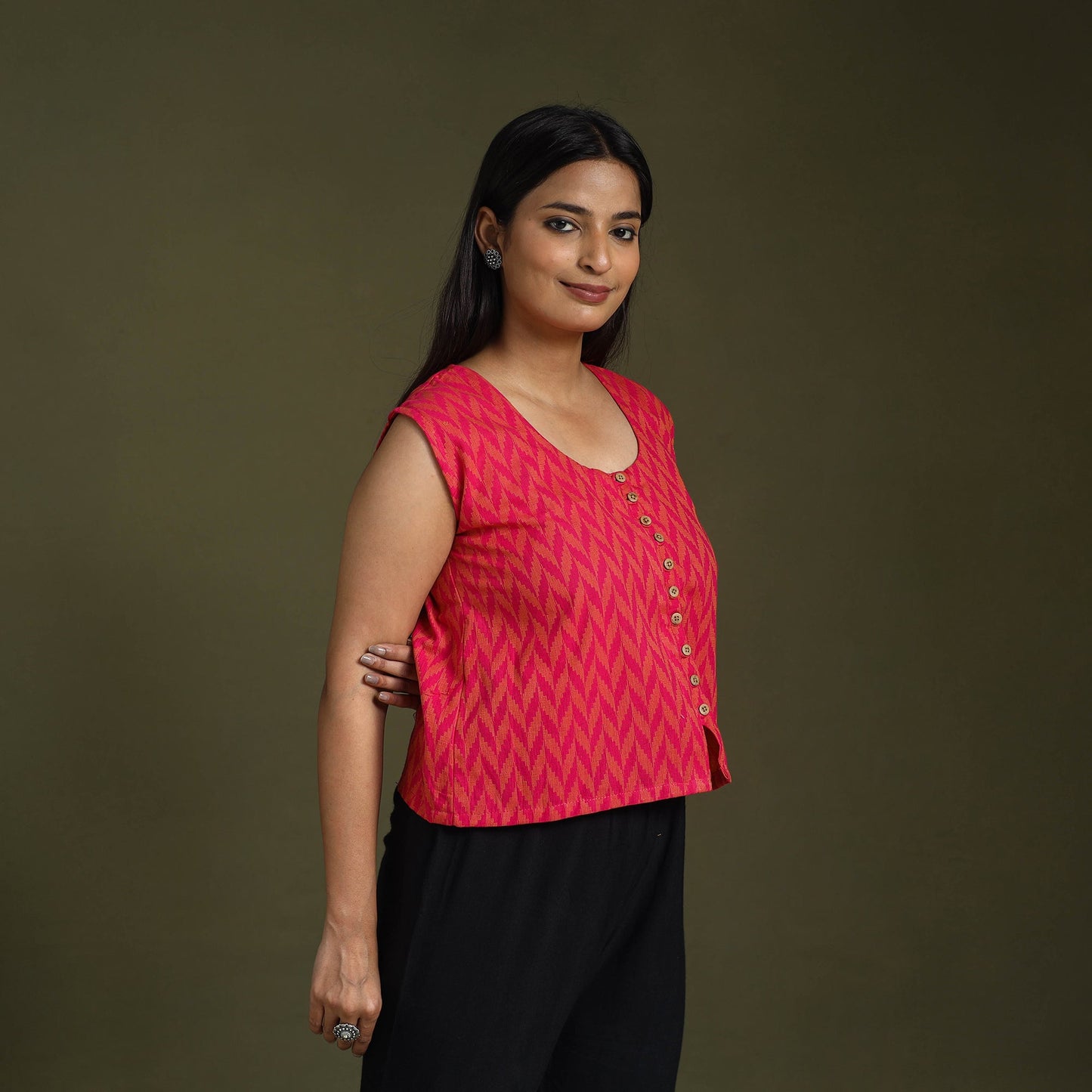  Pink Sleeveless Cotton Jacquard Crop Top