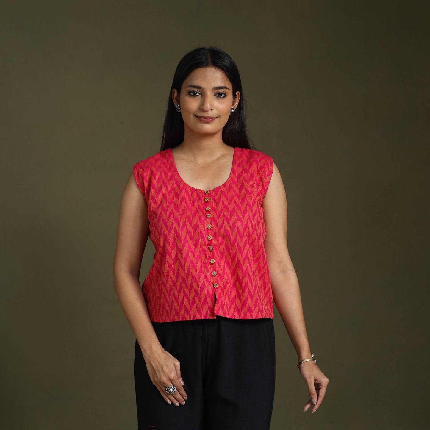 Pink Sleeveless Cotton Jacquard Crop Top