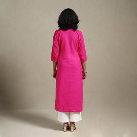 Pink Slub Cotton Straight Plain Kurta with Hand Embroidery