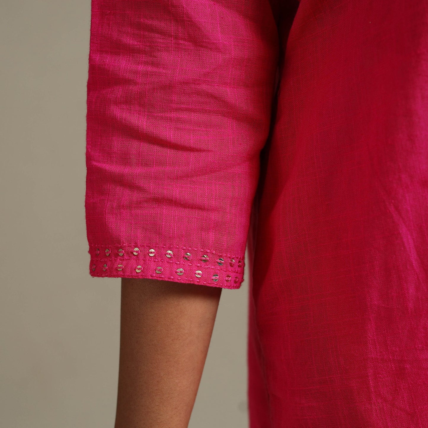 Pink Slub Cotton Straight Plain Kurta with Hand Embroidery