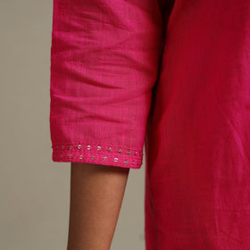 Pink Slub Cotton Straight Plain Kurta with Hand Embroidery