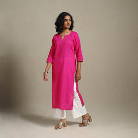 Pink Slub Cotton Straight Plain Kurta with Hand Embroidery
