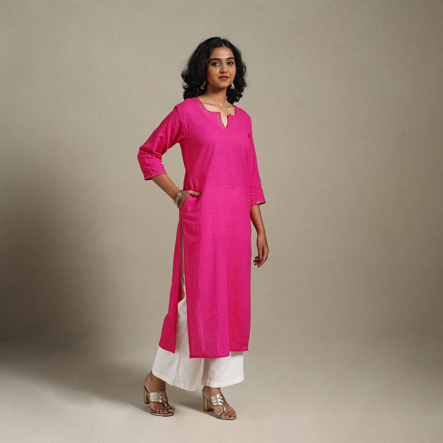 Pink Slub Cotton Straight Plain Kurta with Hand Embroidery