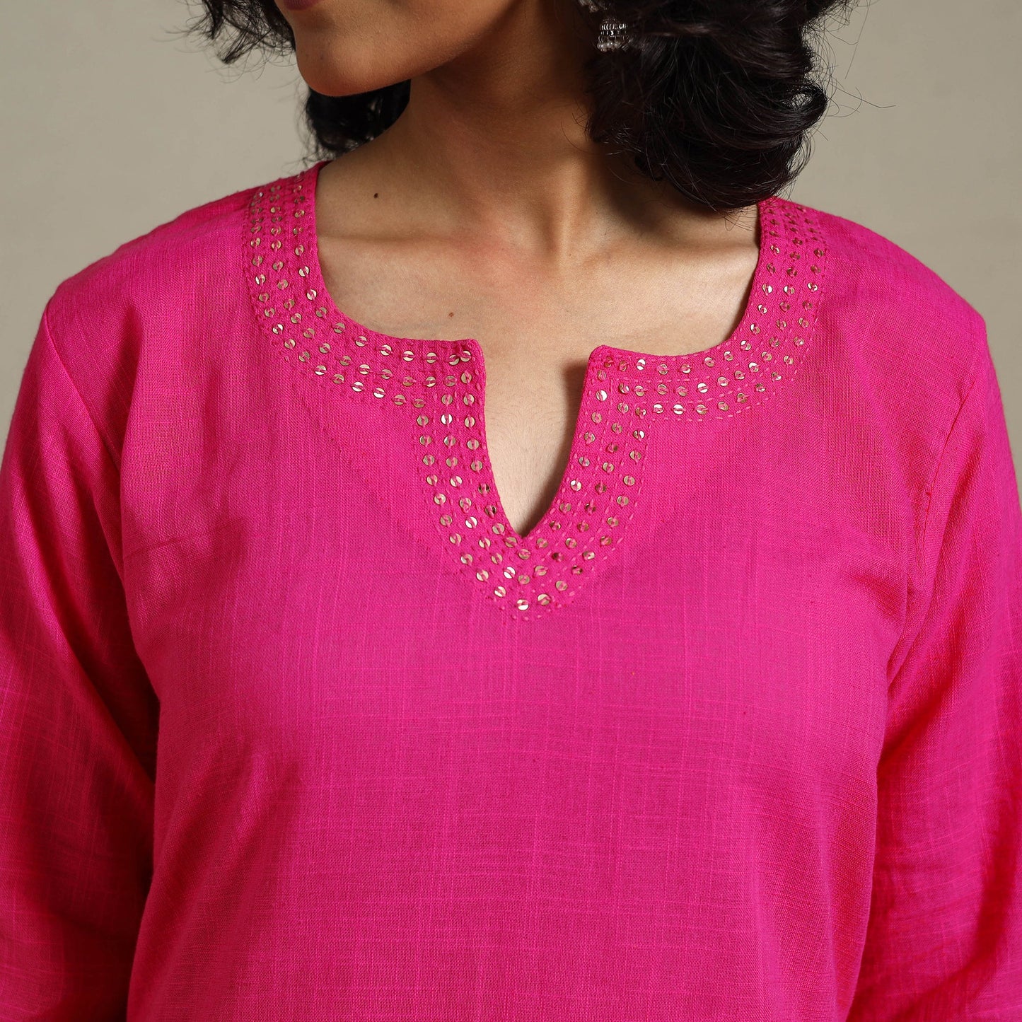 Pink Slub Cotton Straight Plain Kurta with Hand Embroidery