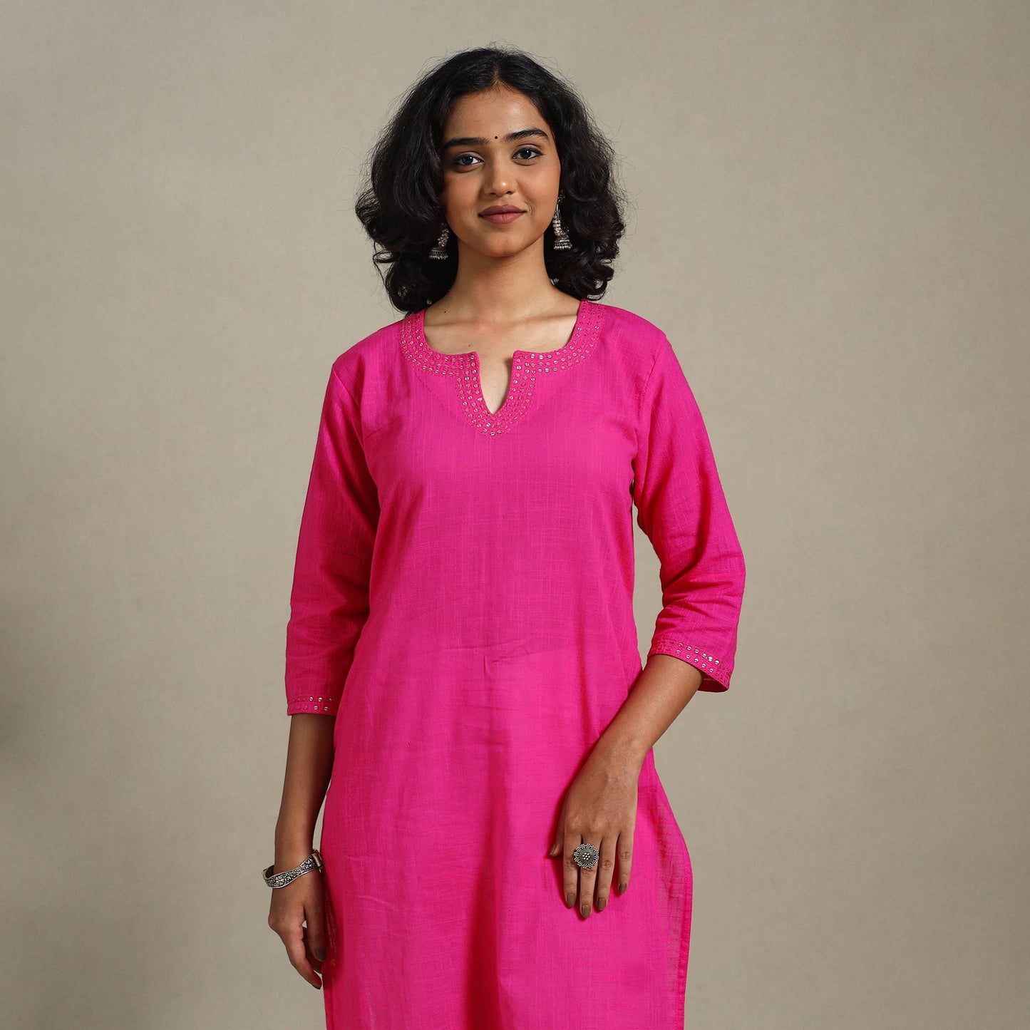 Pink Slub Cotton Straight Plain Kurta with Hand Embroidery