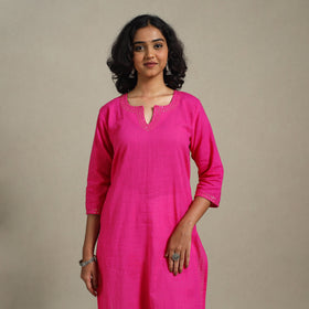 Pink Slub Cotton Straight Plain Kurta with Hand Embroidery