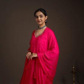 Pink - slub silk embroidered plain kurta set (set of 3) 02