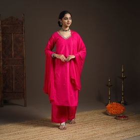 Pink - slub silk embroidered plain kurta set (set of 3) 02