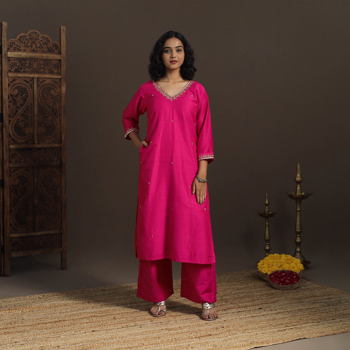 Pink - slub silk hand embroidered straight plain kurta 01