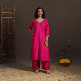 Pink - slub silk hand embroidered straight plain kurta 01