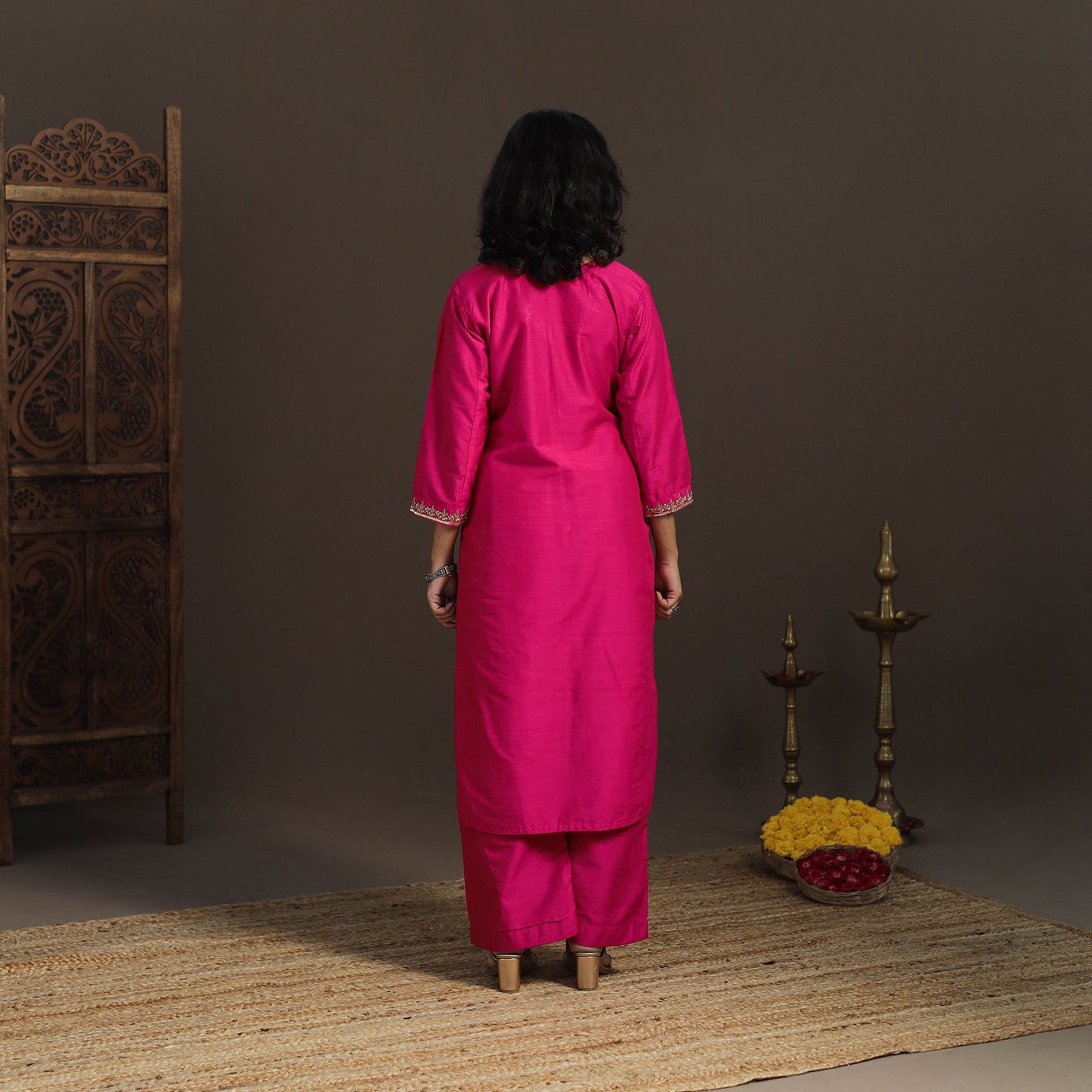 Pink - slub silk hand embroidered straight plain kurta 01