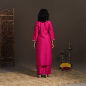 Pink - slub silk hand embroidered straight plain kurta 01