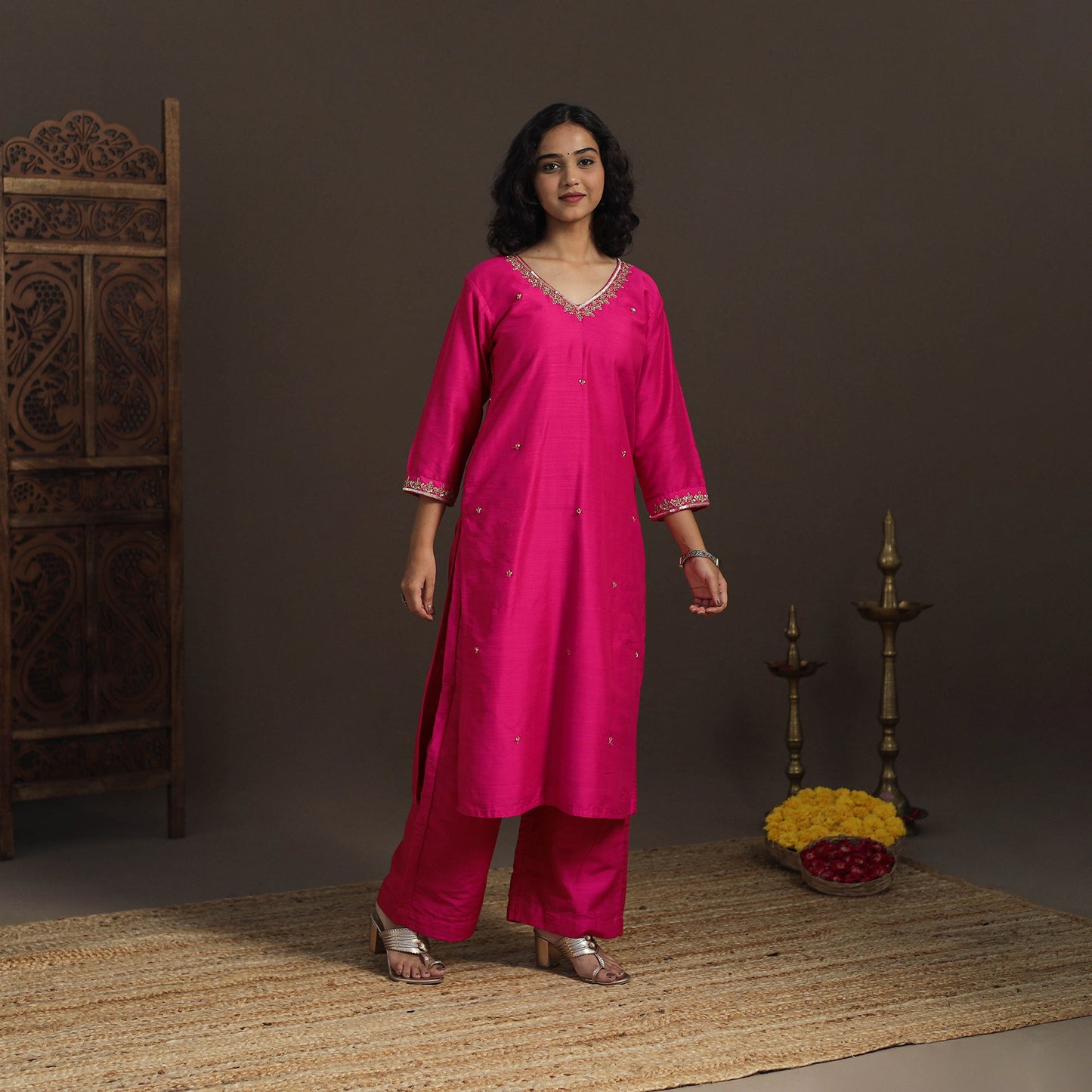 Pink - slub silk hand embroidered straight plain kurta 01