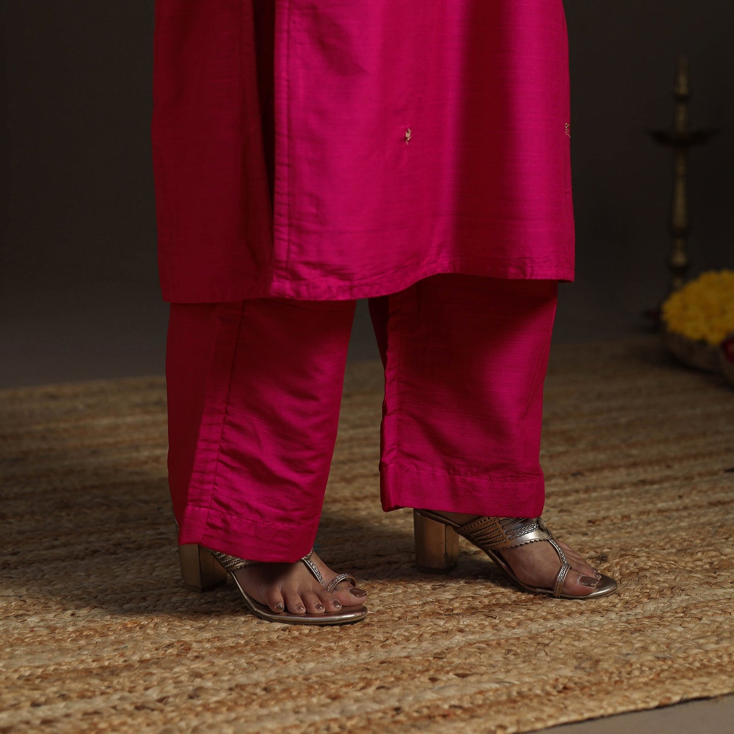 Pink - slub silk hand embroidered straight plain kurta 01