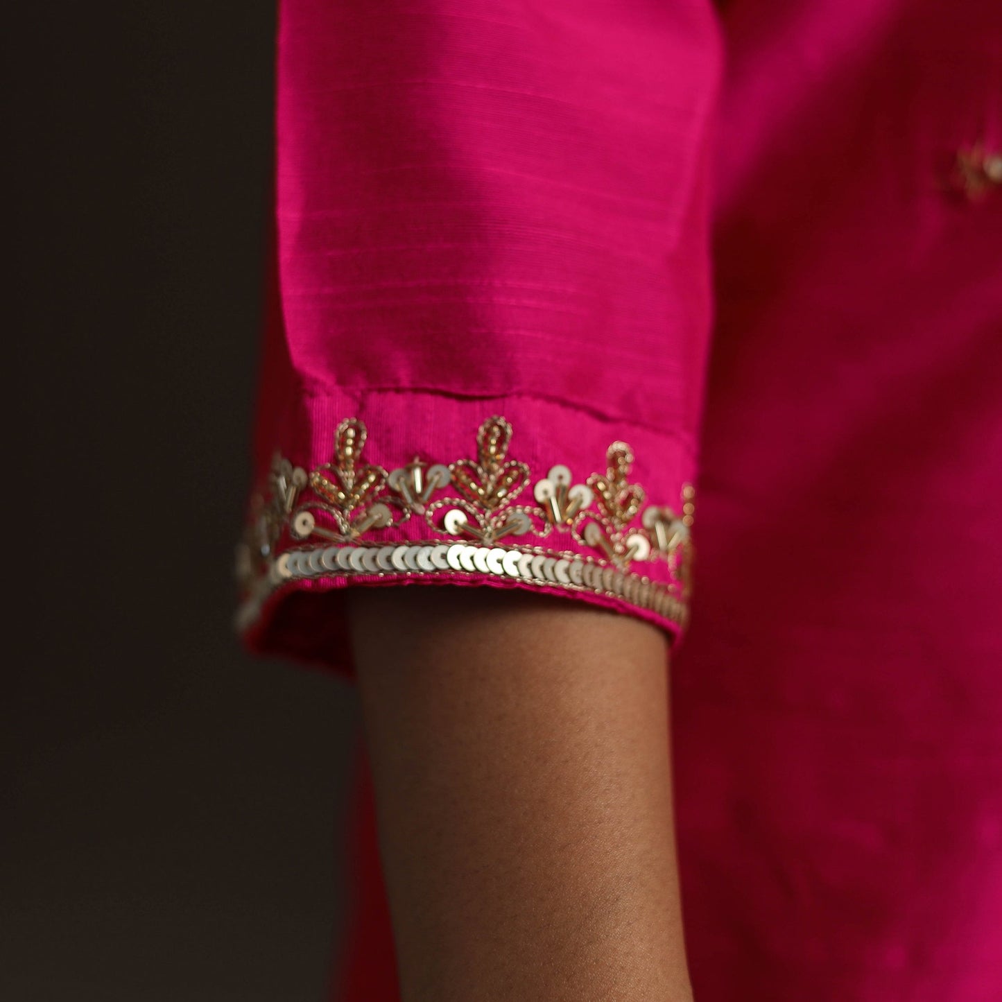 Pink - slub silk hand embroidered straight plain kurta 01