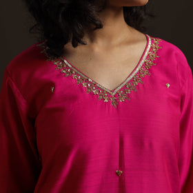 Pink - slub silk hand embroidered straight plain kurta 01