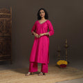 Pink - slub silk hand embroidered straight plain kurta 01