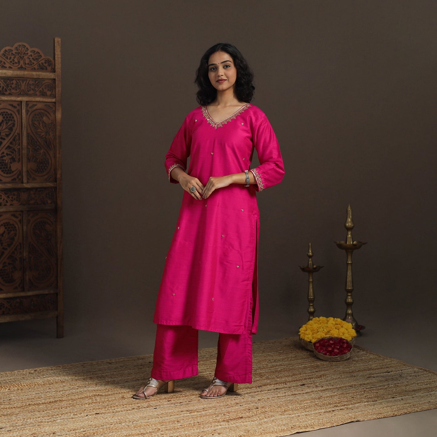 Pink - slub silk hand embroidered straight plain kurta 01