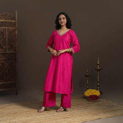 Pink - slub silk hand embroidered straight plain kurta 01
