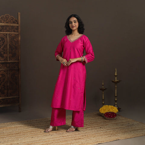 Pink - slub silk hand embroidered straight plain kurta 01