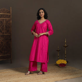 Pink - slub silk hand embroidered straight plain kurta 01