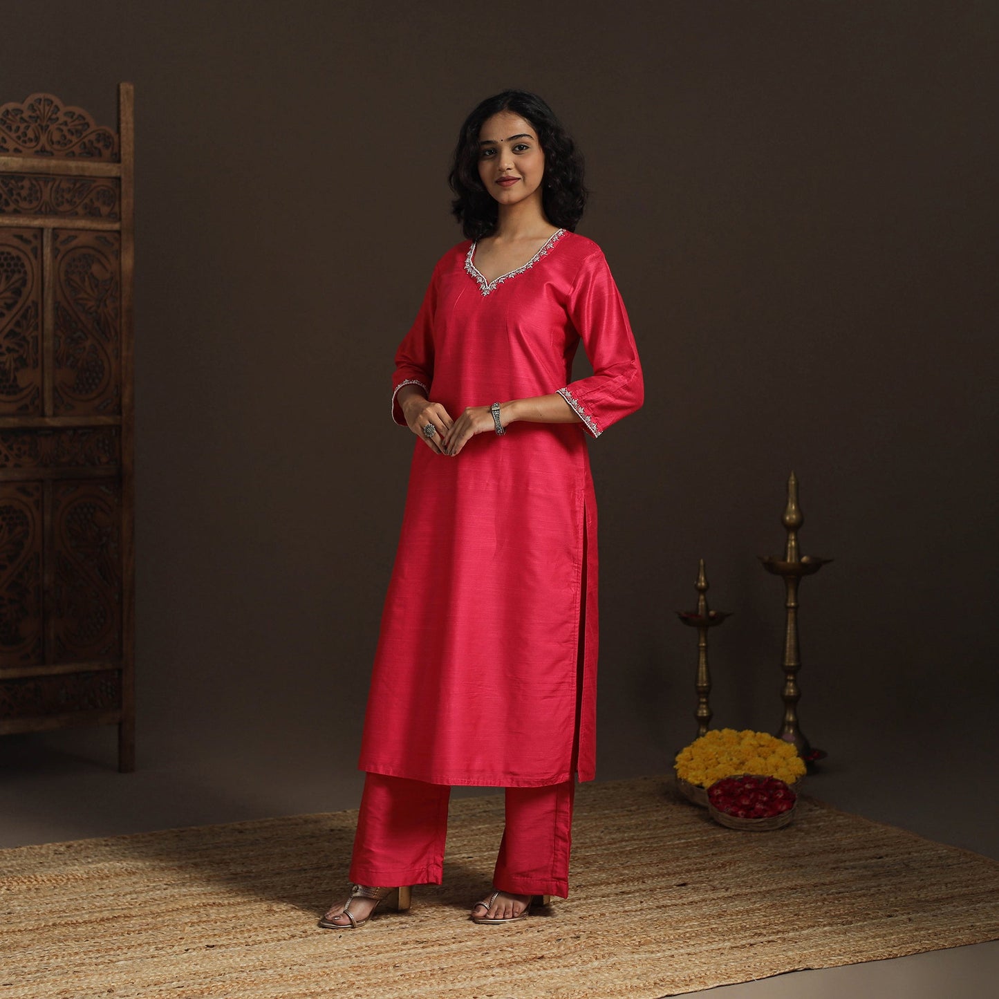 Red - pink - slub silk hand embroidered straight plain